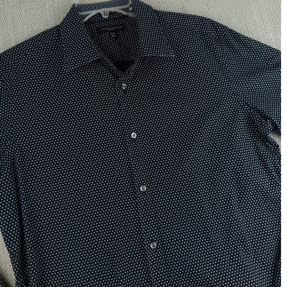 Banana Republic Slim‎ Fit Button Up Shirt Mens Large 16-16.5 Blue Navy Dot Party - Picture 7 of 13